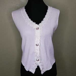 L.A. Gold Weskit Style Lace-Trimmed White Top L NWOT